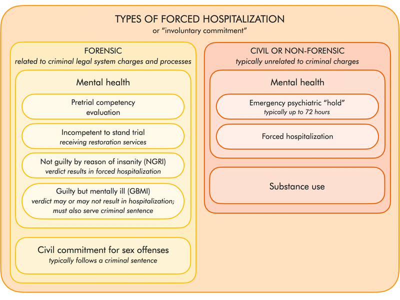 chart showing types of forced hospitalizations or involuntary commitment by forensic vs. civil