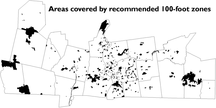 Map showing that considerable portions of the county would still be in sentencing enhancement zones if the zones were reduced to 100 feet.