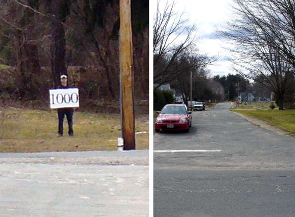 Photo illustration of co-author 1,000 feet away. Even though she is holding a large white sign, she is almost impossible to see.