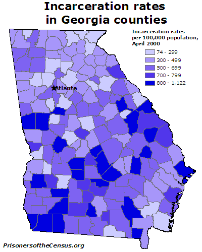 Map of the incarceration rates in each Georgia county