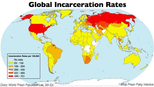 A map of the world, with each country colored based on its incarceration rate.