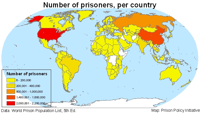 A map showing the number of prisoners in each country.
