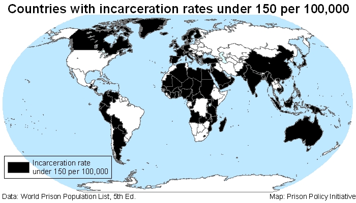 A map showing countries with incarceration rates under 150 per 100,000.
