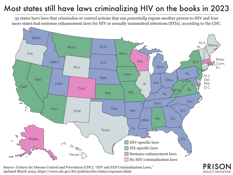 map of U.S. showing 35 states with HIV-specific or STI-specific criminalization laws and 4 more states with sentence enhancement laws for HIV or STIs.
