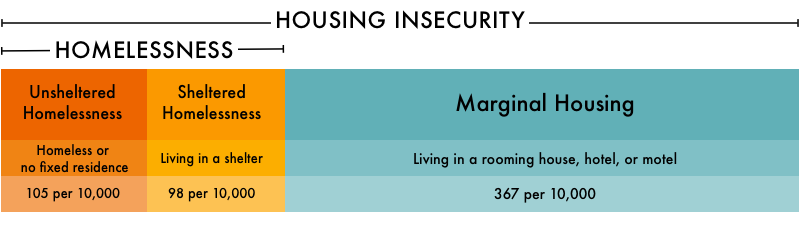 Graph breaking down our metric of housing insecurity into two types of homelessness and marginal housing