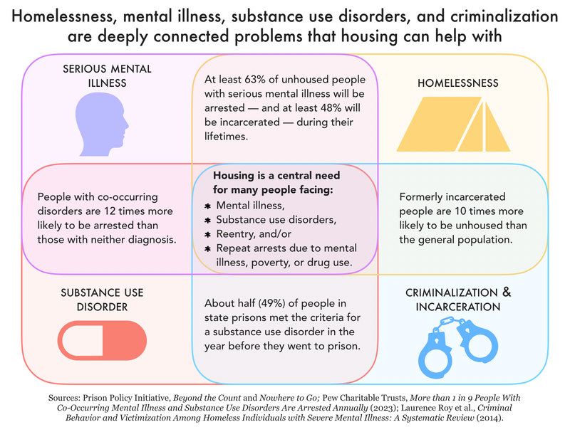 A Venn diagram showing some of the ways in which homelessness, mental illness, substance use disorder, and criminalization and incarceration overlap.