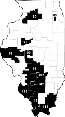 Map highlighting the 11 Illinois state House districts with the largest prison populations