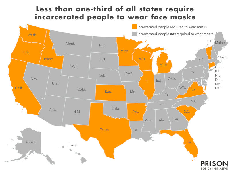 Map showing which states are requiring incarcerated people to wear face masks.