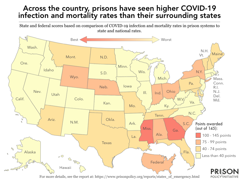 map showing the distribution in scores awarded to each state based on COVID-19 infection and death rates in prisons