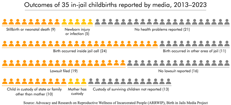 infographic showing outcomes of 35 births occurring inside jails between 2013 and 2023