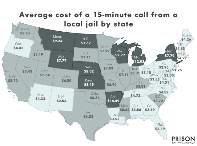 Map showing the average cost for a 15 minute in-state call home from a jail in 44 states in 2018. In West Virginia, the average call would be $1.56, and in North Dakota that call would cost $17.35.