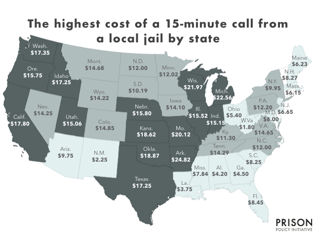 Map showing the highest cost for a 15 minute in-state call home from a jail in 44 states in 2018. In Alabama, the most expensive call would be $4.20, and in Michigan that call would cost $22.56.