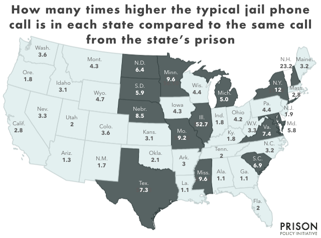Map showing how many times higher a 15 minute in-state phone call home from a jail would be than the average cost of a call from a jail in that state. 44 states that have independent jails are shown. In Alabama and Georgia, jails are only 10% more expensive than the state prison, but in Illinois, jails are almost 53 times as expensive.