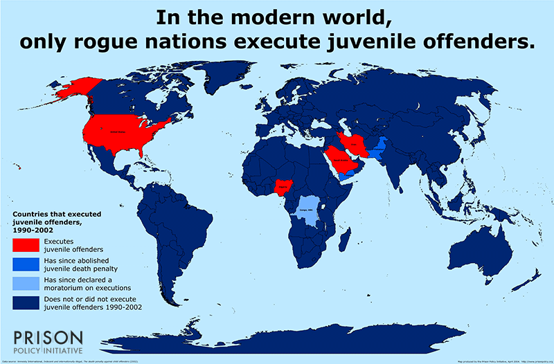 map showing the countries that execute juvenile offenders