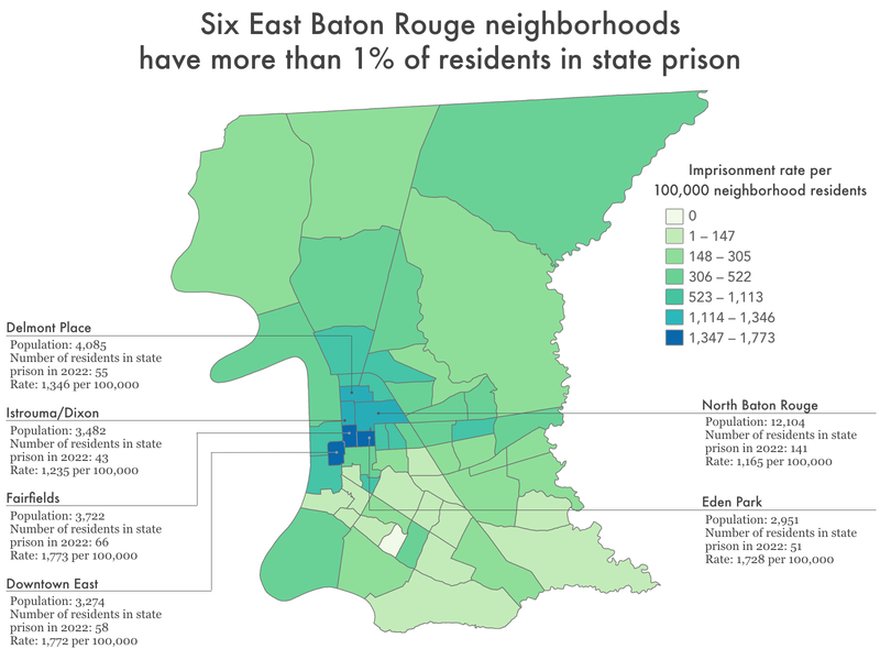 map of East Baton Rouge Parish showing imprisonment rate by neighborhood