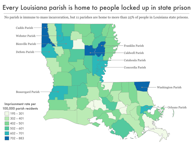 map of Louisiana showing imprisonment rate by parish