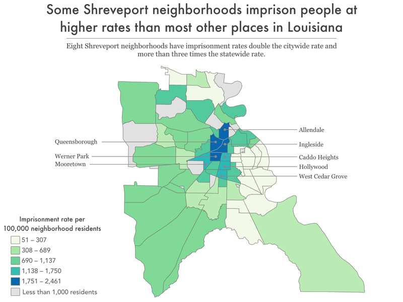 map of Shreveport showing imprisonment rate by neighborhood