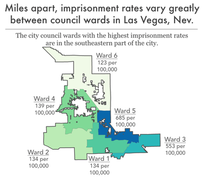 map comparing imprisonment rates across all 6 city council wards in Las Vegas, Nevada