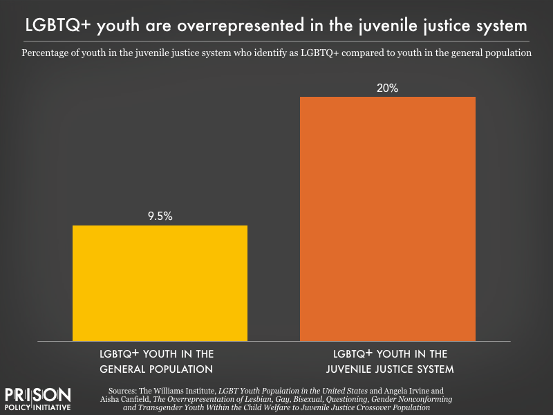 chart showing that LGBTQ youth make up 20 percent of youth in the juvenile justice system, despite making up less than 10 percent of the overall youth population.
