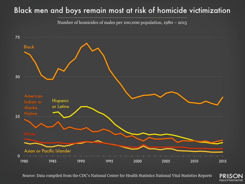 Graph showing men's homicide rates broken down by race from 1980 to 2015.