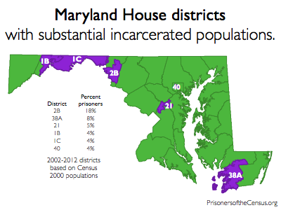 Map showing Maryland house districts that contain the largest prison populations