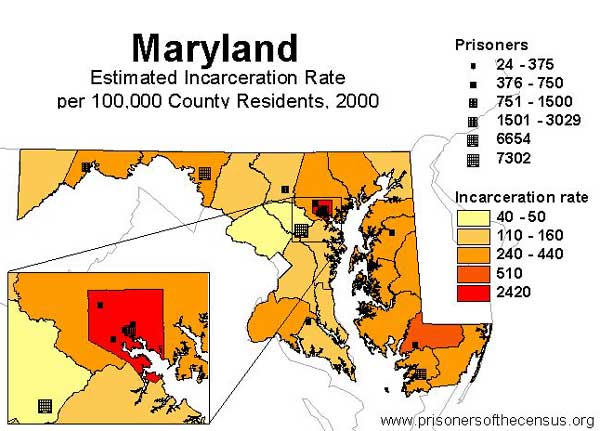 A map of Maryland and its counties with prison locations marked. Counties are colored based upon their incarceration rates by county. Prisons are predominantly built in low incarceration areas.