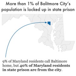 map of maryland highlighting baltimore as home to 40% of maryland residents in state prisons