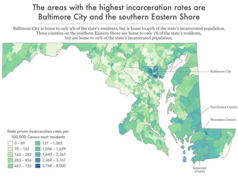 map of Maryland state showing incarceration rate by census tract and highlighting 3 counties and Baltimore City with highest rates