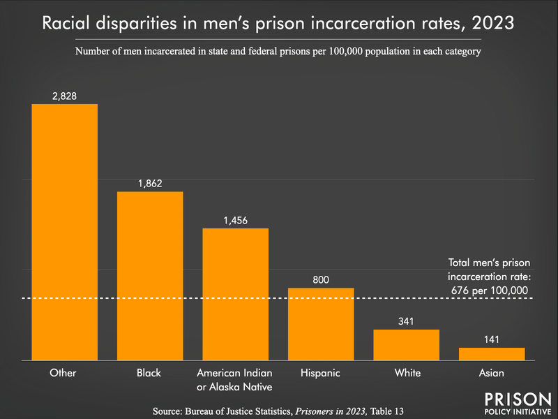 bar chart showing prison incarceration rates per 100,000 men of Native, White, Hispanic, Asian, and Other-race men