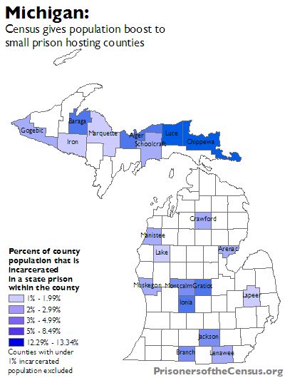 Map showing the percentage of the population of each Michigan county that is incarcerated in a state prison in the county and not an actual resident