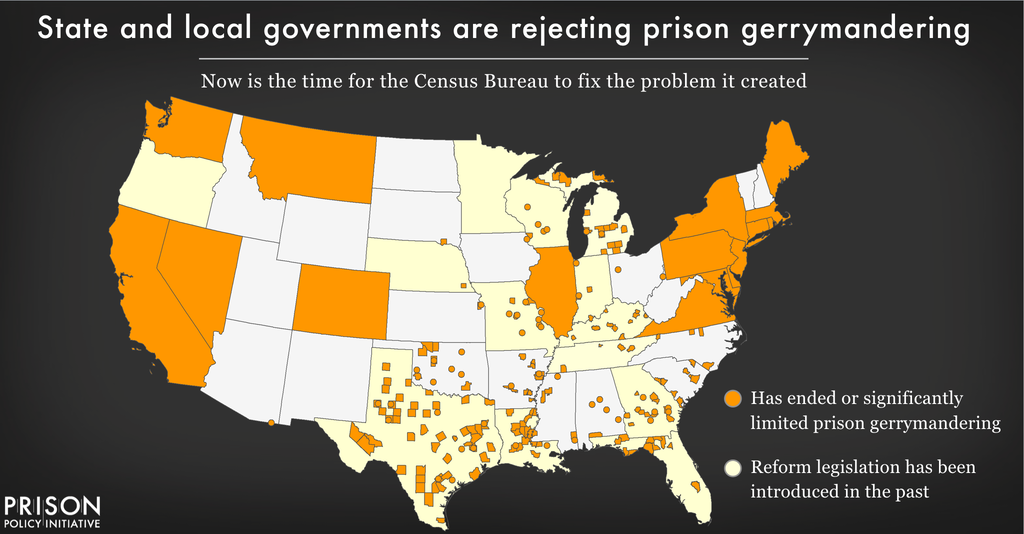 Map showing the growing national momentum to end prison-based gerrymandering, including actions by state and local governments