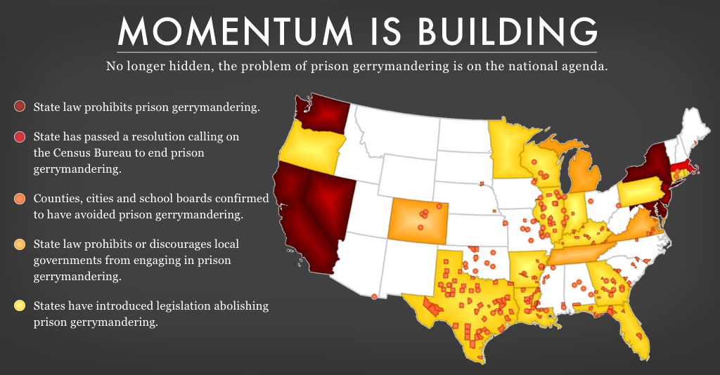 map showing the progress of states and counties in rejecting prison gerrymandering as of January 2020
