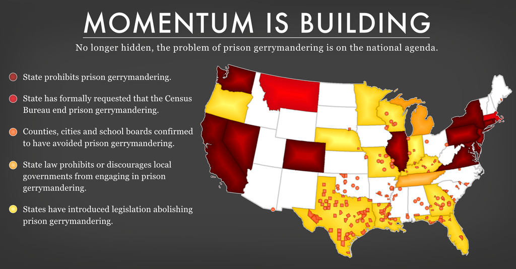 map showing state and local government that are taking action to end prison-based gerrymandering