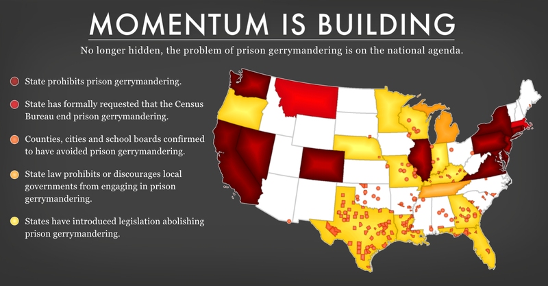 a map showing the areas that have addressed prison gerrymandering 