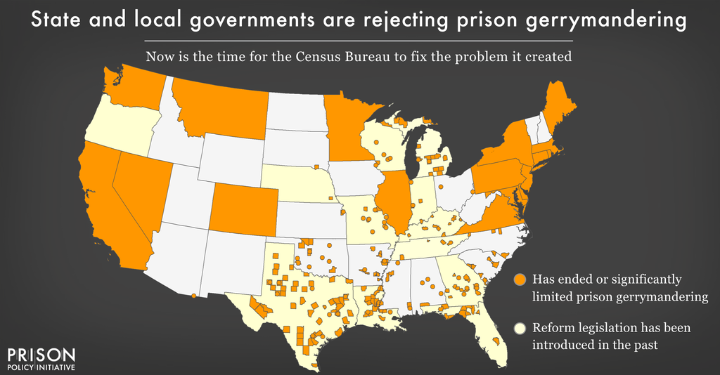 map of states that have ended prison gerrymandering. Roughly half the country lives in a place that has ended the practice.