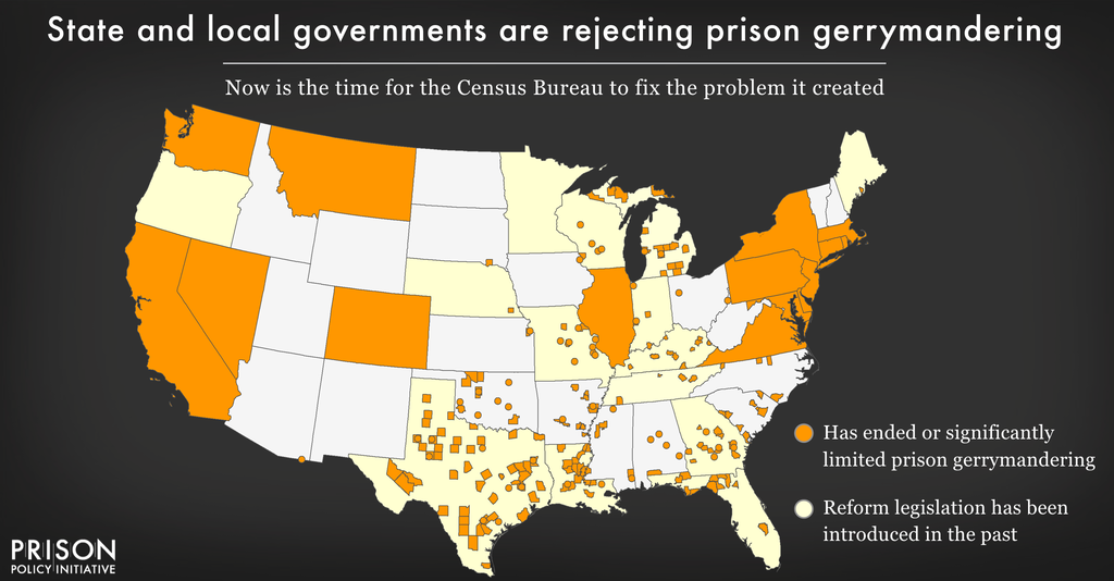 map showing state and local government that are taking action to end prison-based gerrymandering