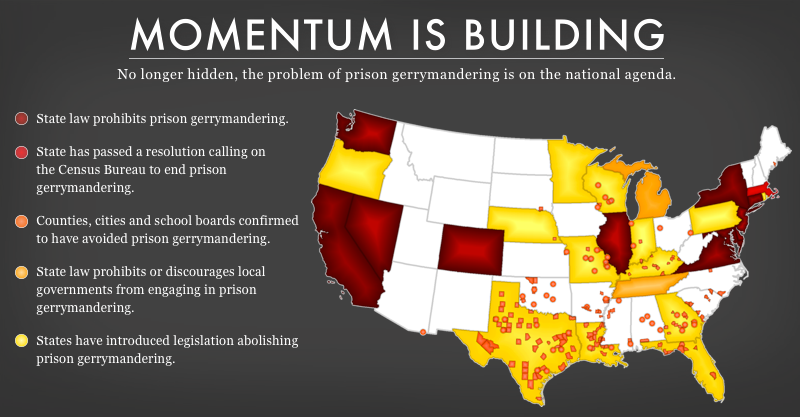 Prison gerrymandering legislation map