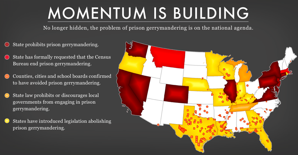 map showing state and local government that are taking action to end prison-based gerrymandering