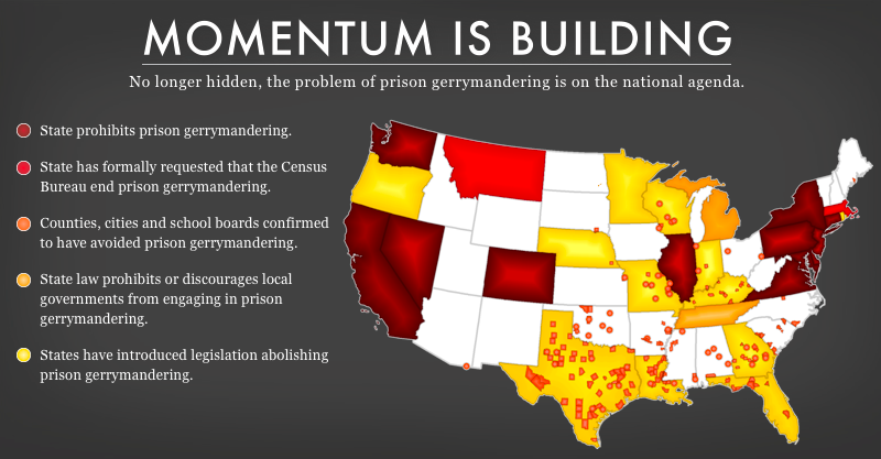 a map showing the areas that have addressed prison gerrymandering 