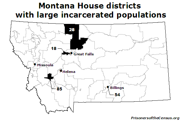 A map of Montana and its counties showing which house districts contain Montana's largest correctional institutions.