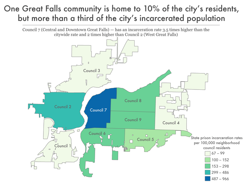 map of Great Falls showing imprisonment rate by neighborhood