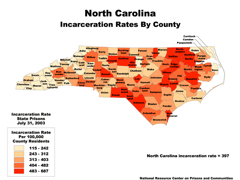 A map of North Carolina and its counties, with the counties colored based on their incarceration rate.