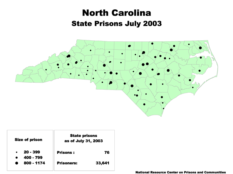 A map of North Carolina, with its prisons marked by circles on the map. The size of the circle is based on the size of the prison.