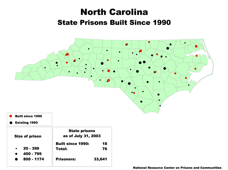 A map of North Carolina, with its prisons marked by dots on the map. The dot is red if the prison was built since 1990. The size of the dots are based on the size of the prisons.