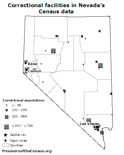 A map showing the size and placement of Nevada's correctional facilities on a map of the state and its counties.