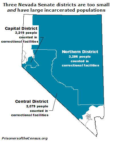 A map of Nevada and its Senate districts. Three districts are colored blue and are labeled with their correctional population.