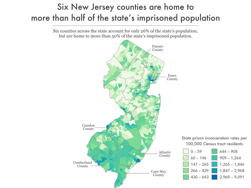 map of New Jersey showing incarceration rate by census tract and highlighting 6 counties with the highest rates