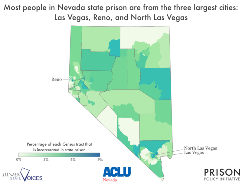 Map showing most people in Nevada state prisons are from Las Vegas, Reno, and North Las Vegas.