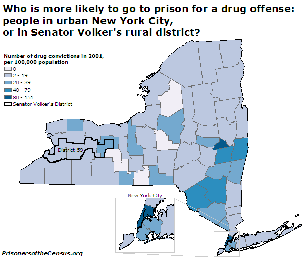 per capita rate of drug offense convictions in 2001, per county,  with volker's 59th district marked