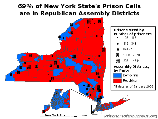 map showing that 69% of NY's prison cells are in Republican Assembly districts